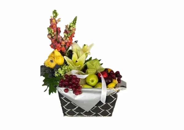 Canasta de flores y fruta